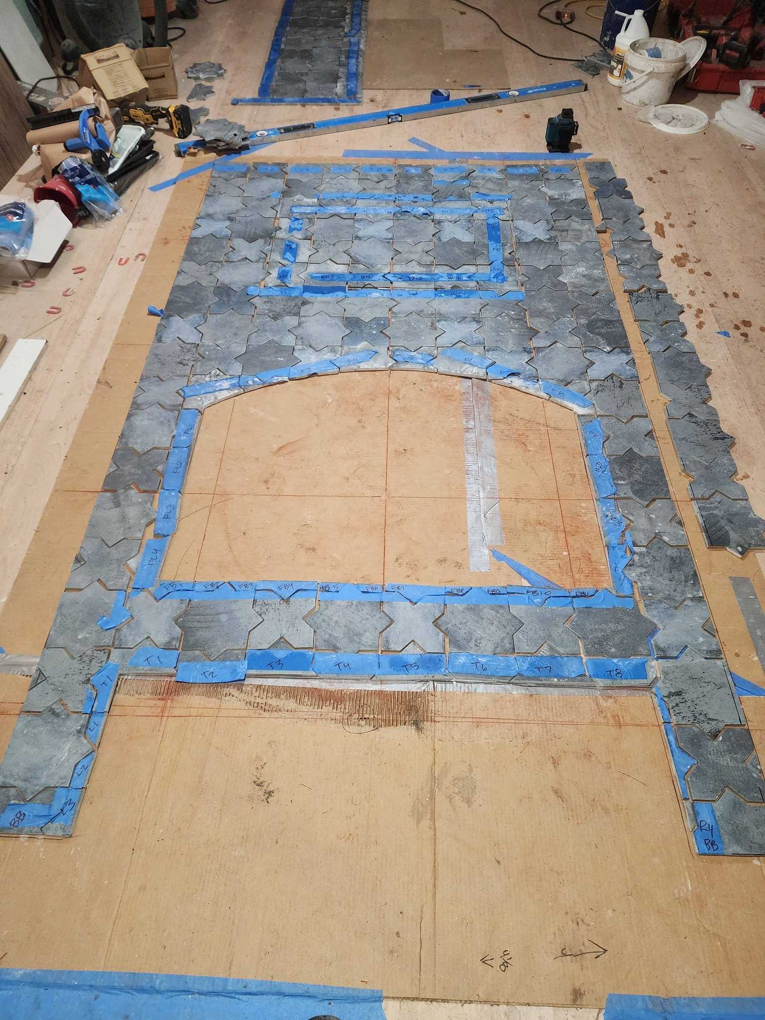 Stacked tile fireplace surround with hearth detail