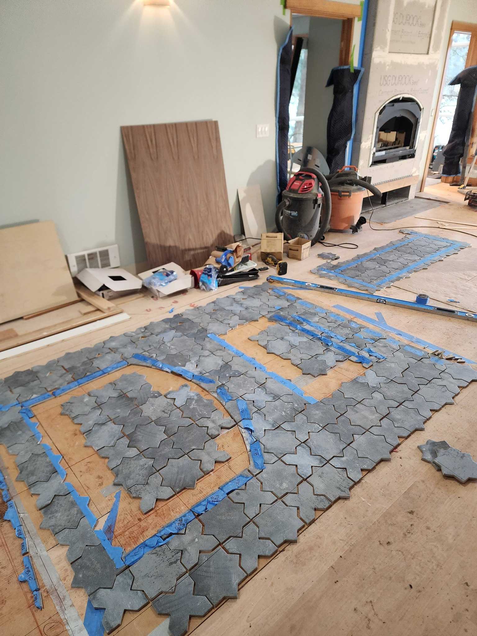 Fireplace tile surround with hearth and mantel finish